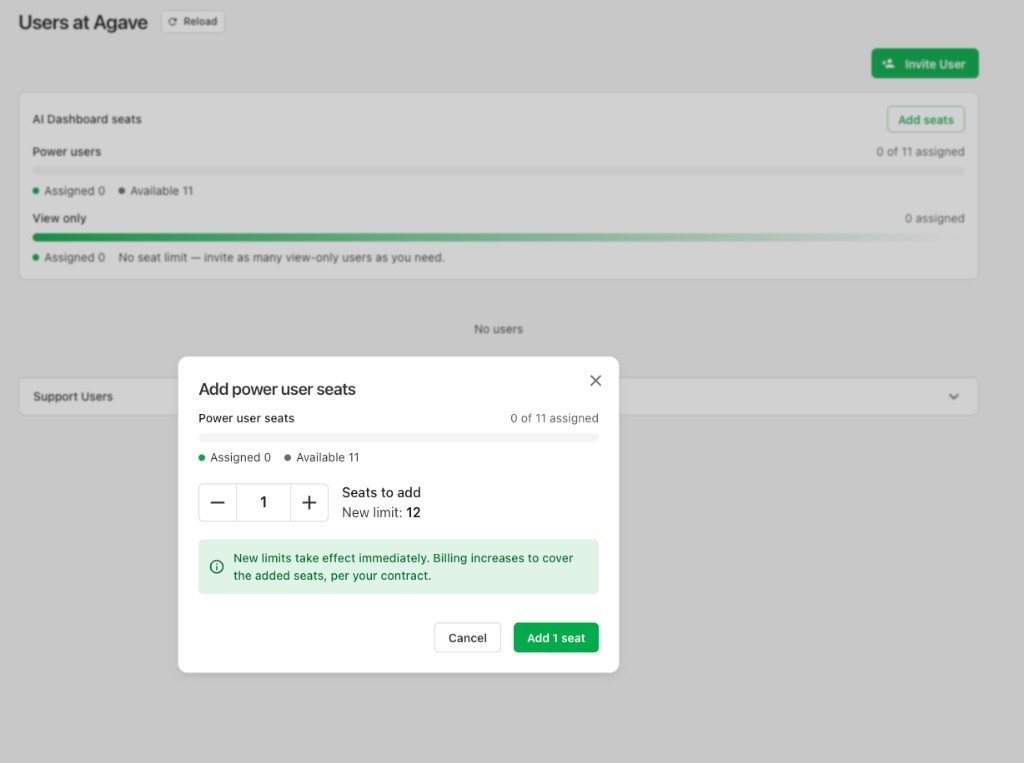 The Add power user seats dialog on the Users page