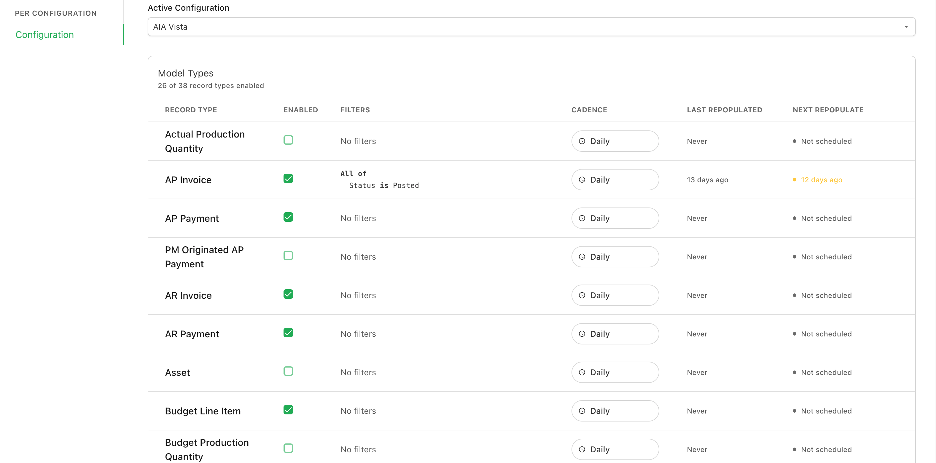 The Model Types table on the Configuration tab of Agave AI Settings