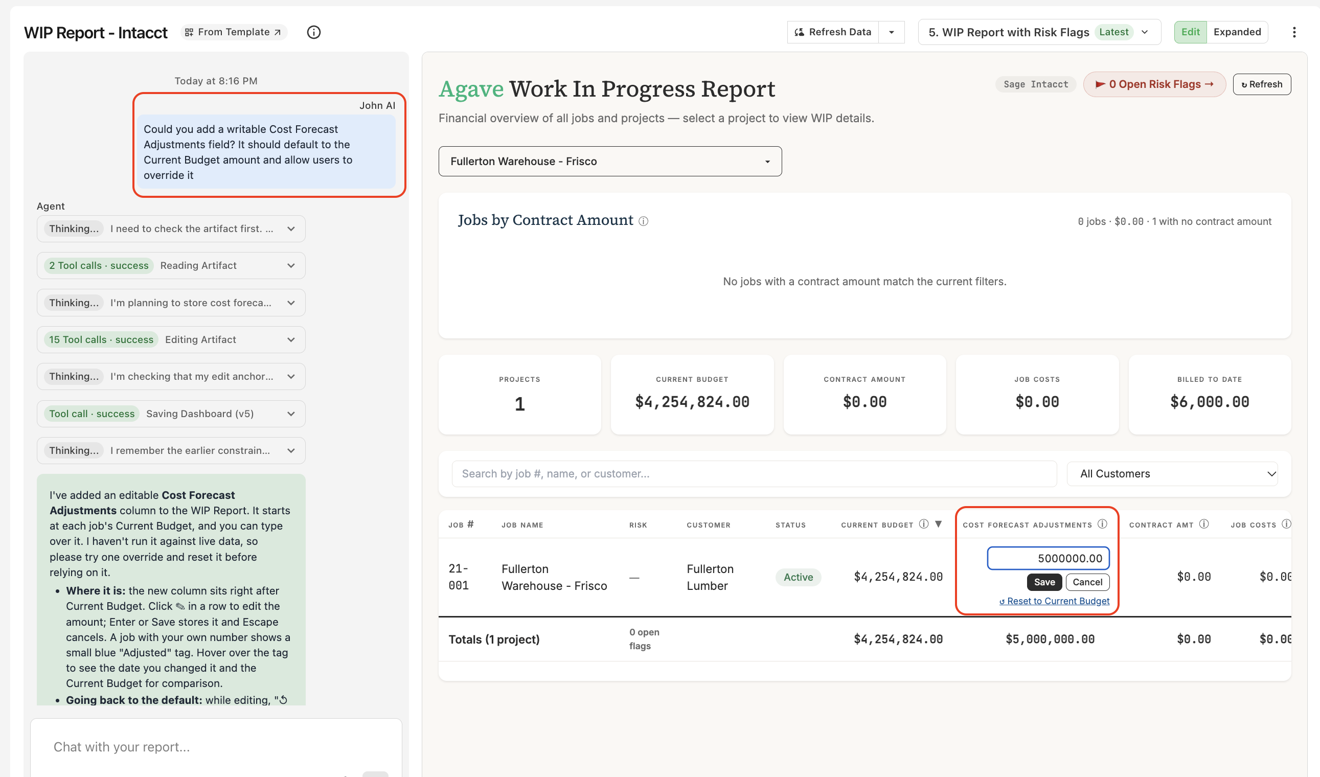 Asking Agave AI for an editable Cost Forecast Adjustments field, and editing it in the report