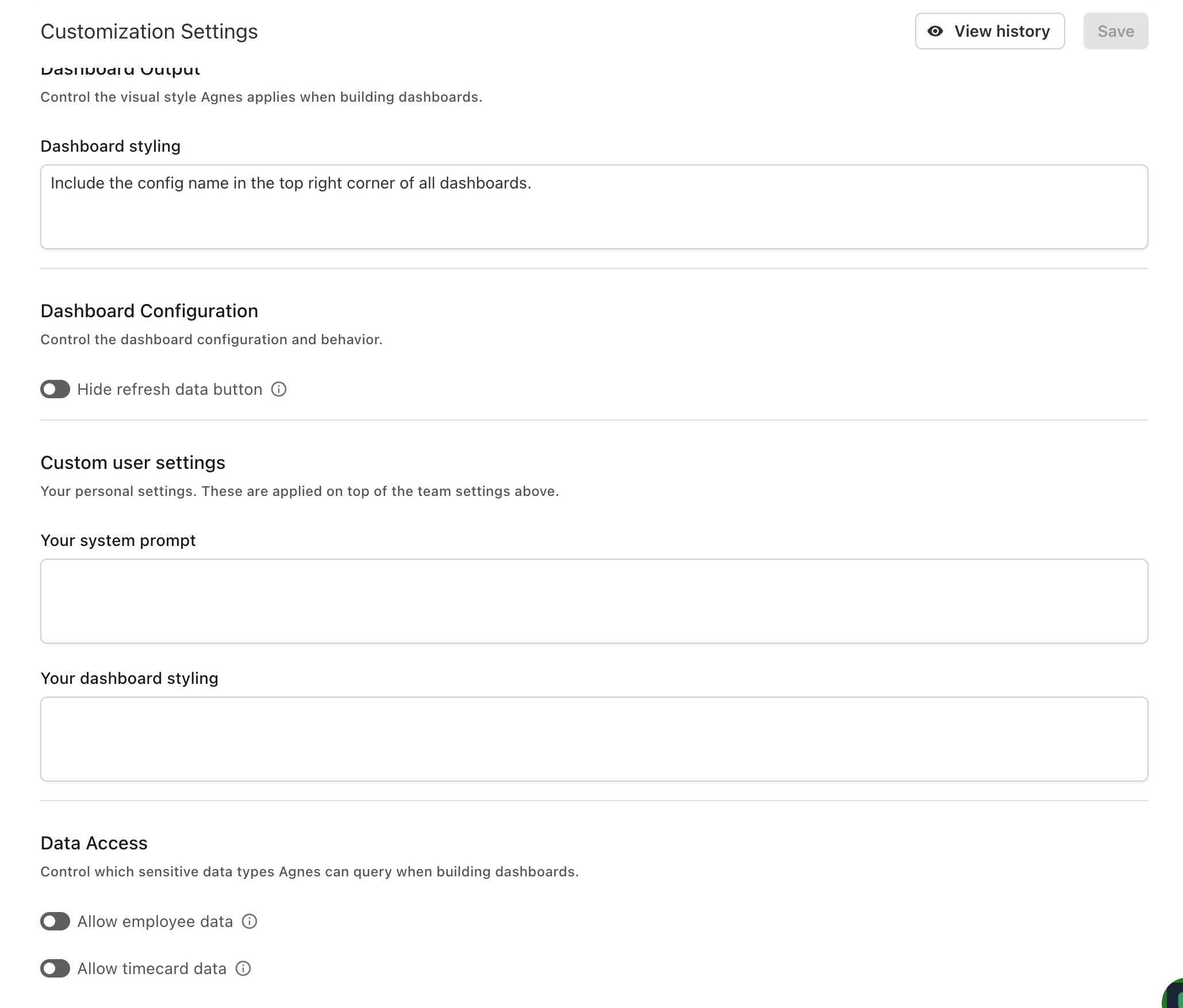 The Custom user settings section of the Customization page