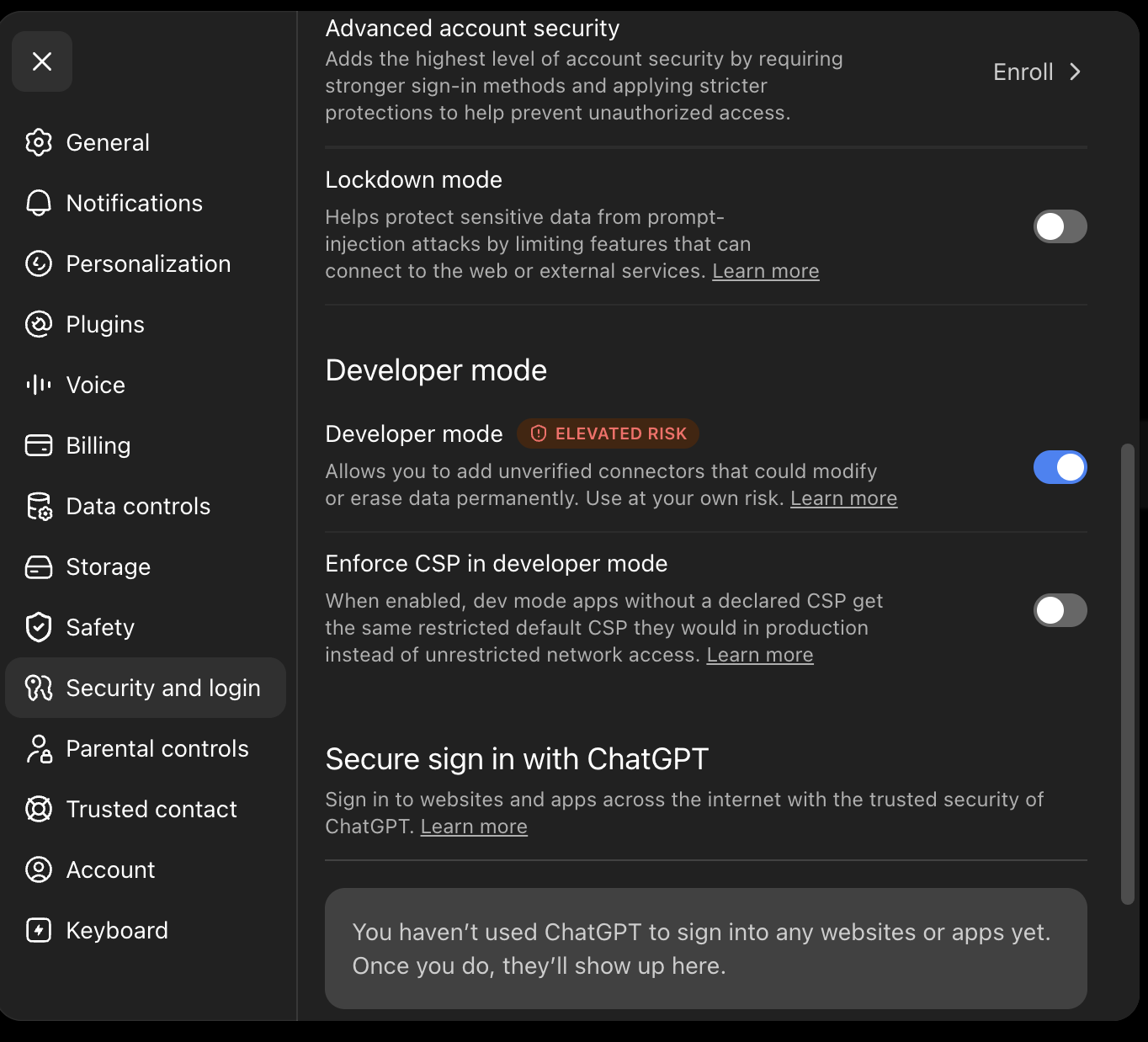 Developer mode switched on