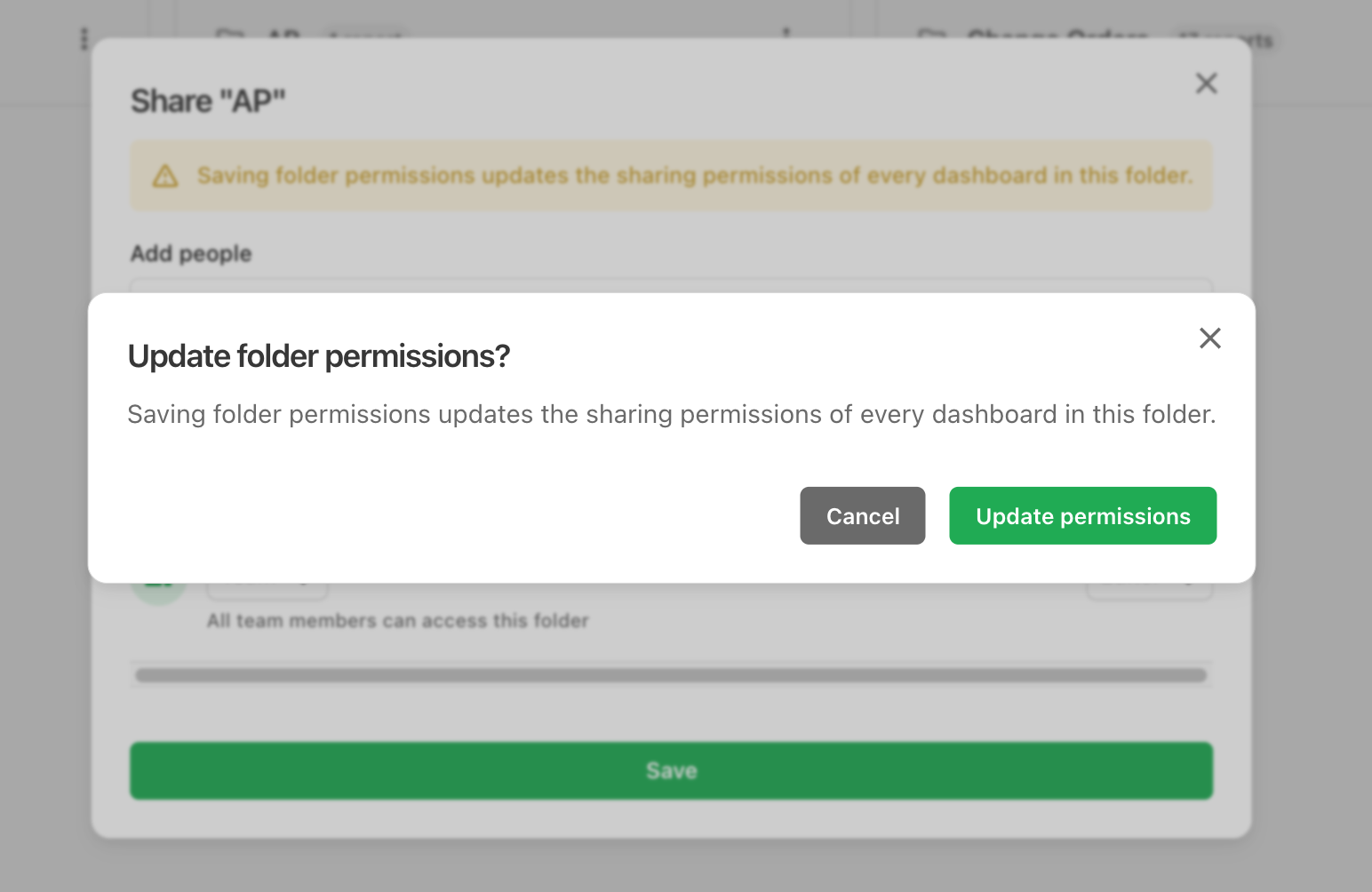 The confirmation prompt shown before folder permissions cascade to the reports inside