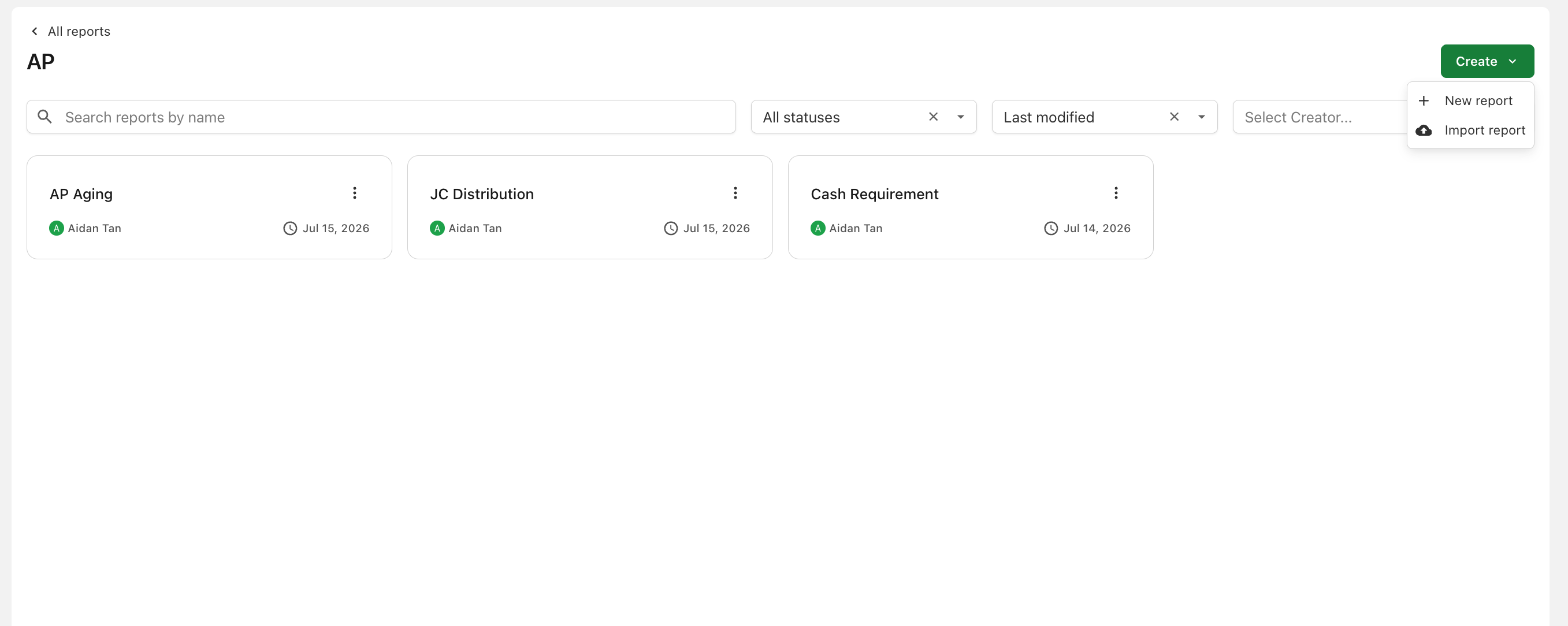 A folder page with its reports