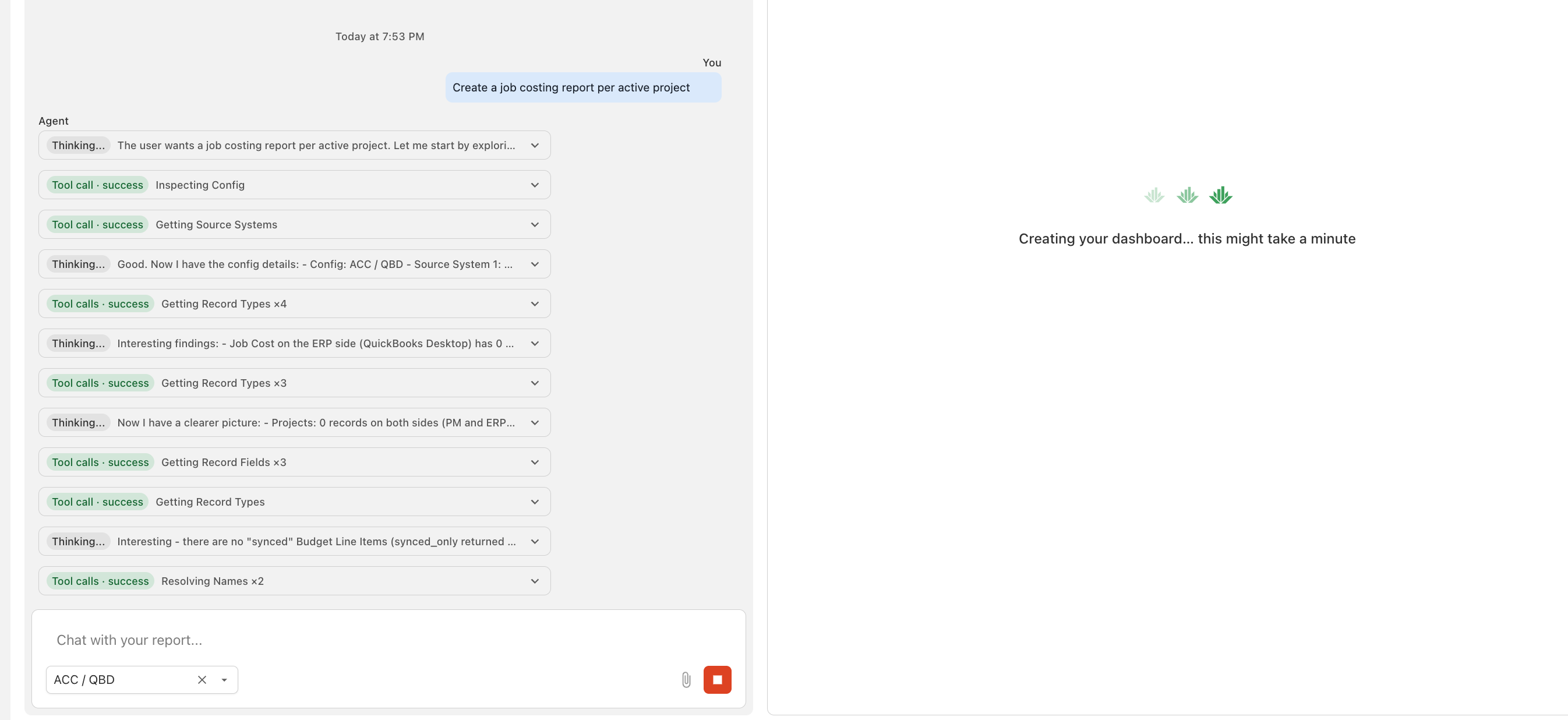 A report generating, showing Agnes's agent calls