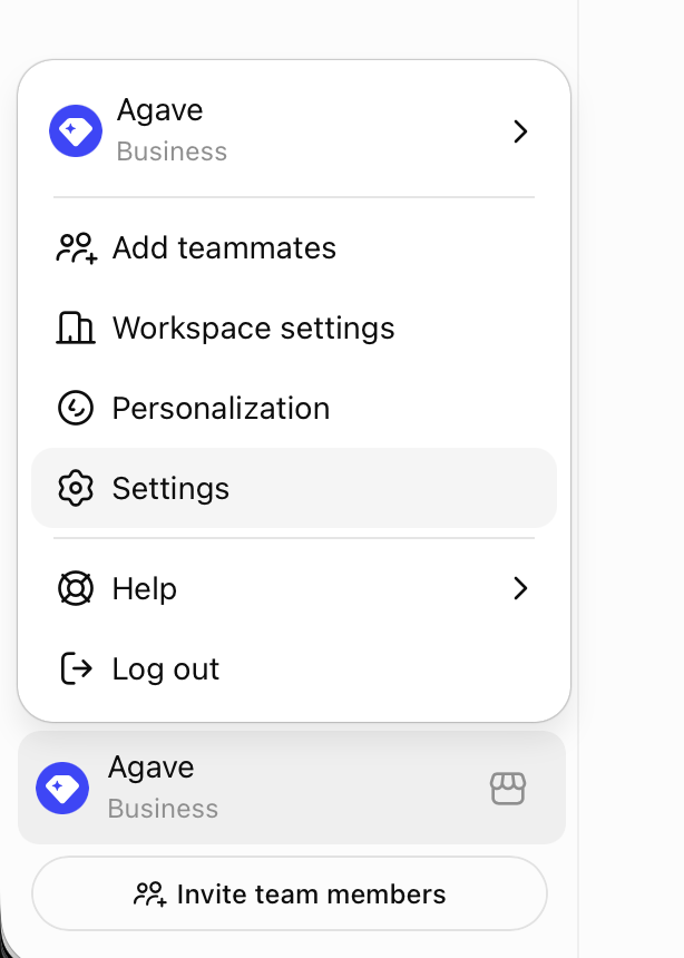 Opening Settings from the workspace menu