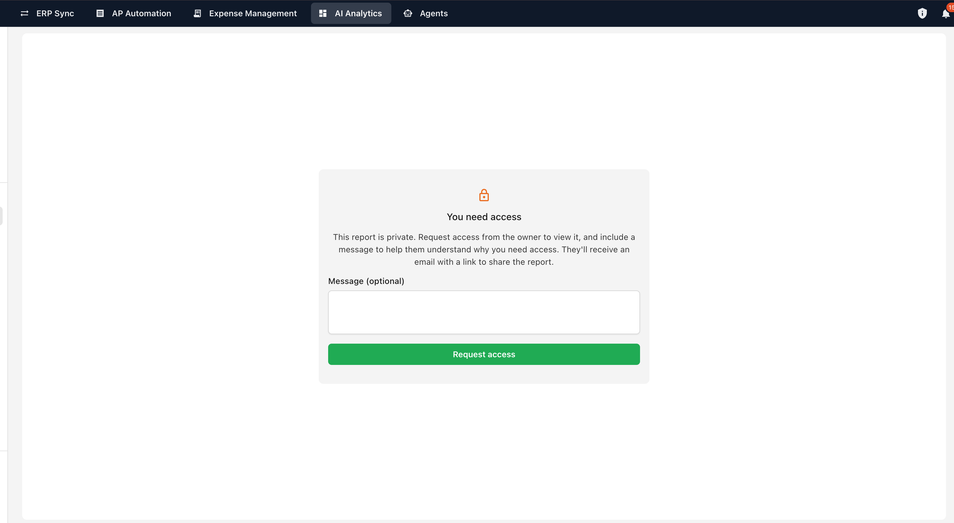 The locked report page with the message field and Request access button