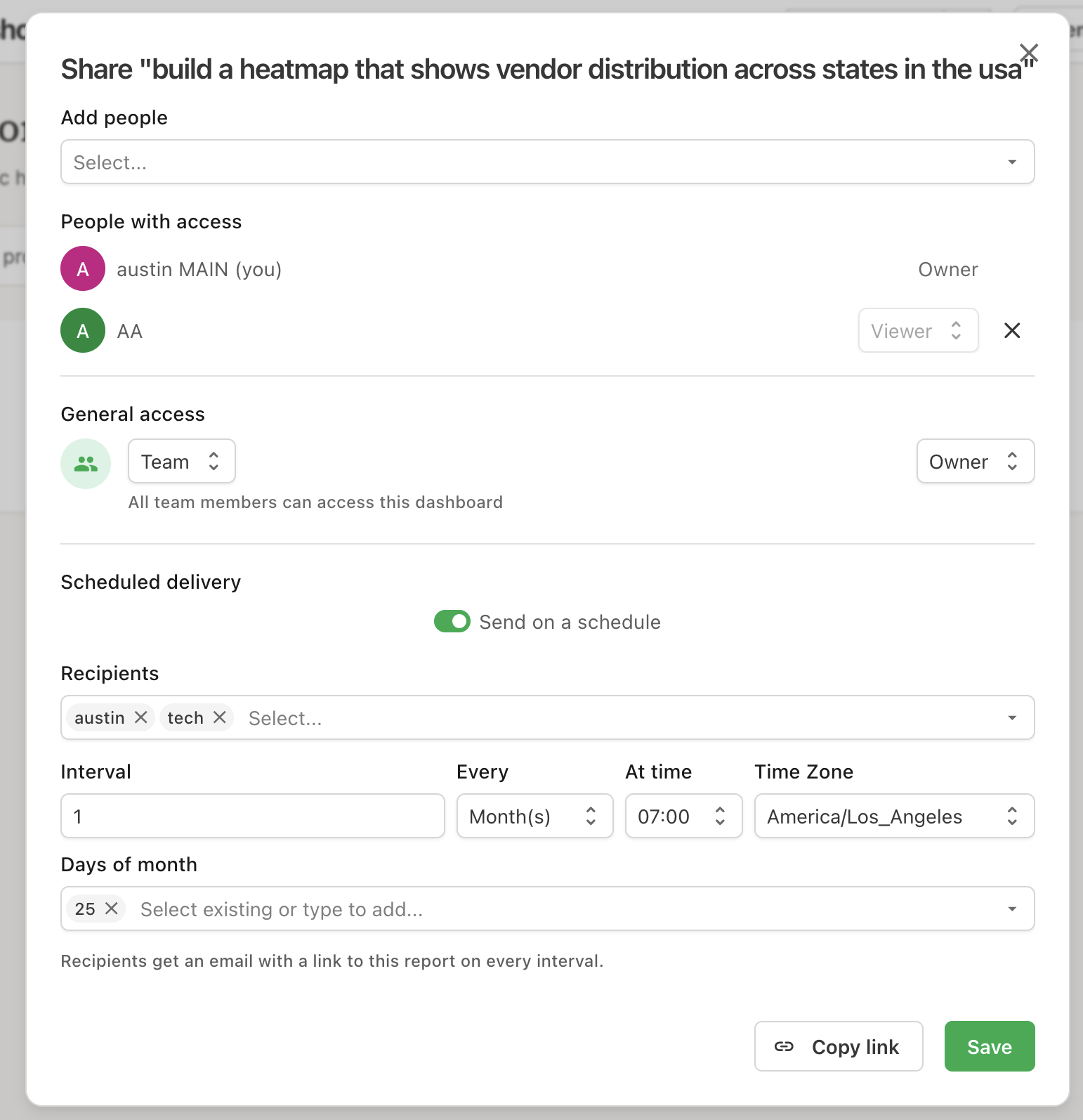 The Share dialog with scheduled delivery turned on