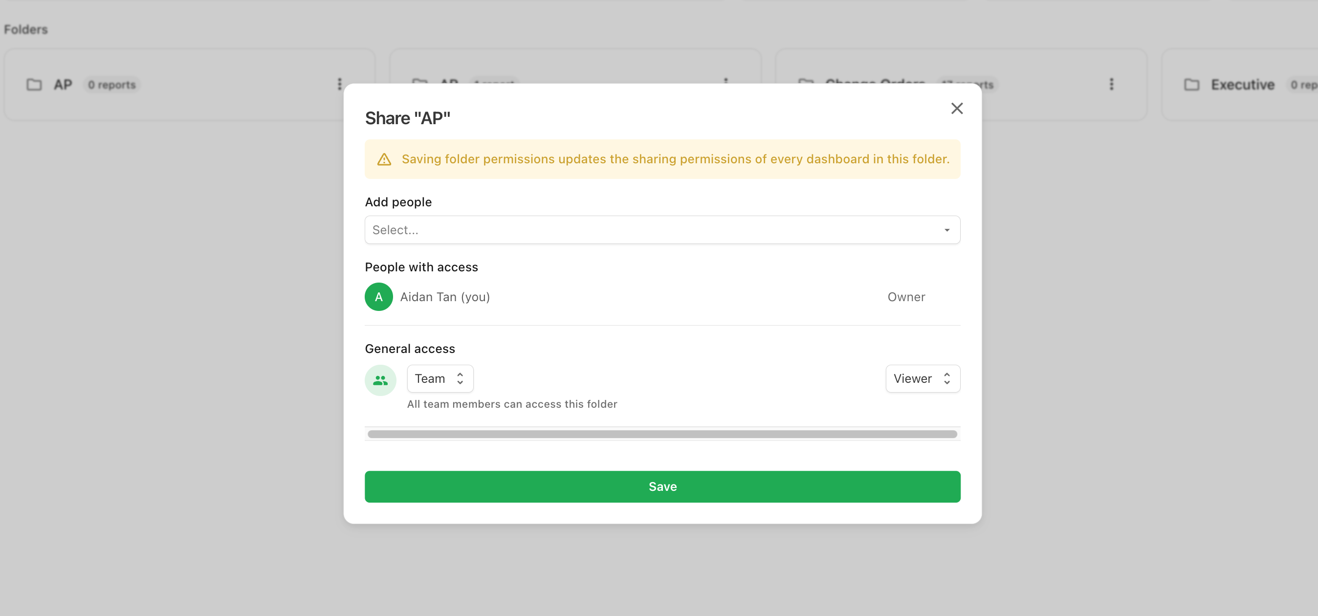 The Share dialog for a folder, showing people, roles, and General access
