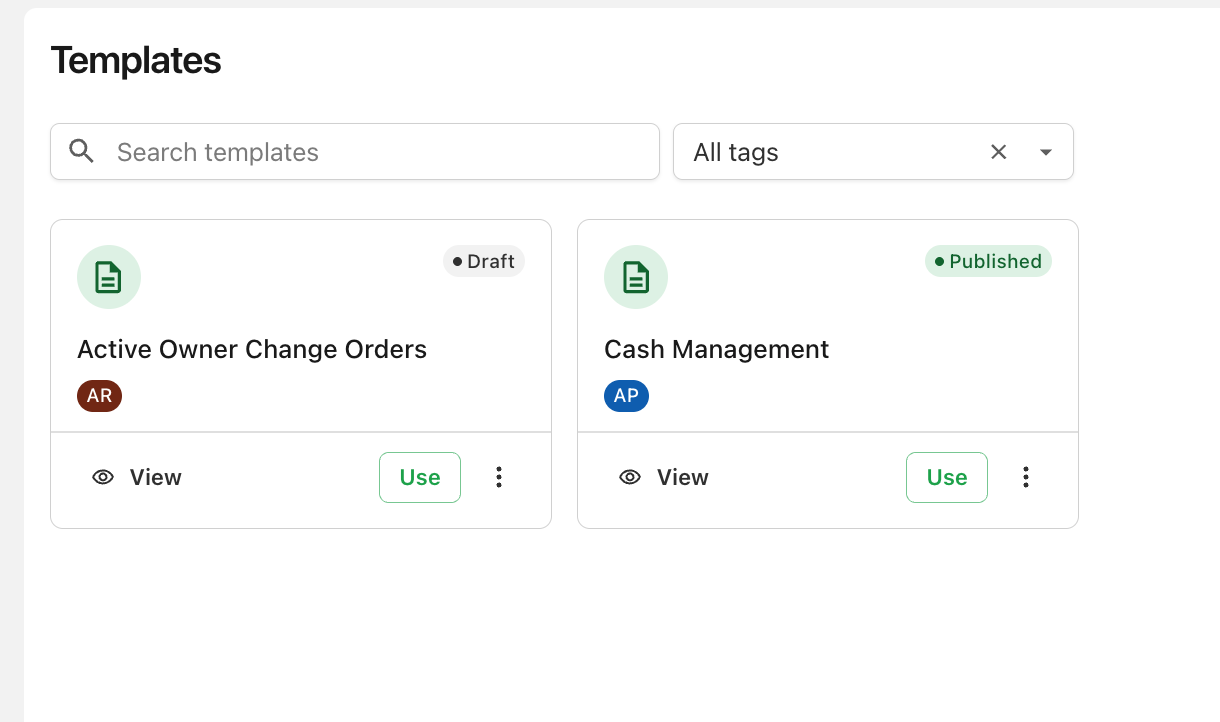 The Templates page with search and tag filtering