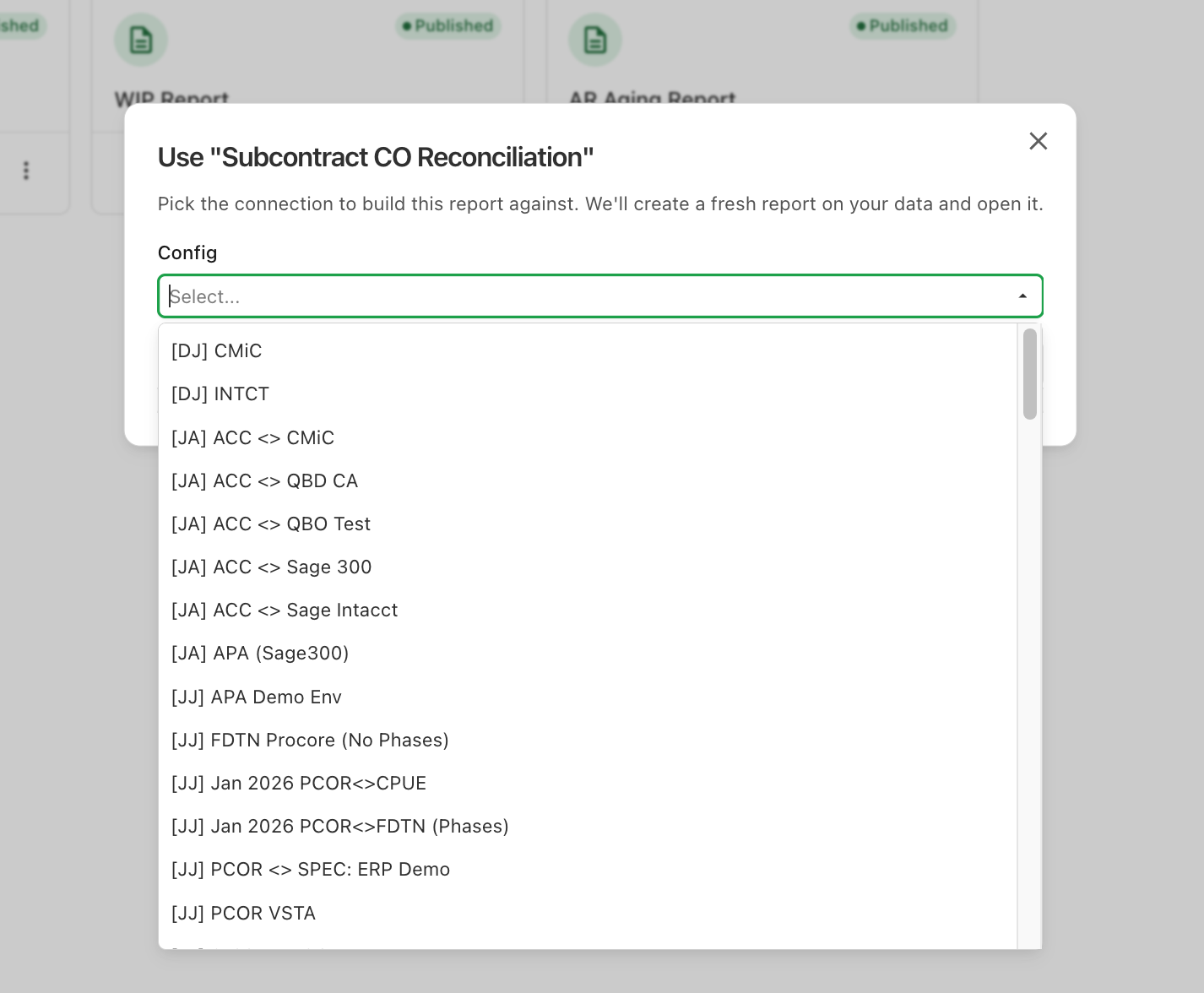 The Use template dialog with the connection picker