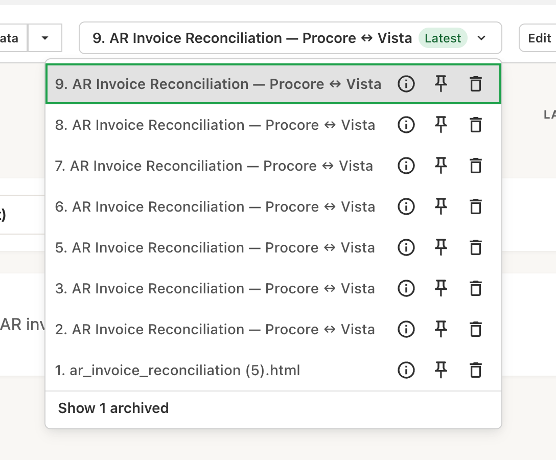 The version dropdown showing versions created by each edit