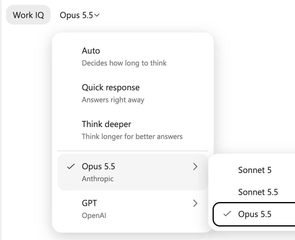 Copilot Anthropic model submenu with Opus 5.5 selected
