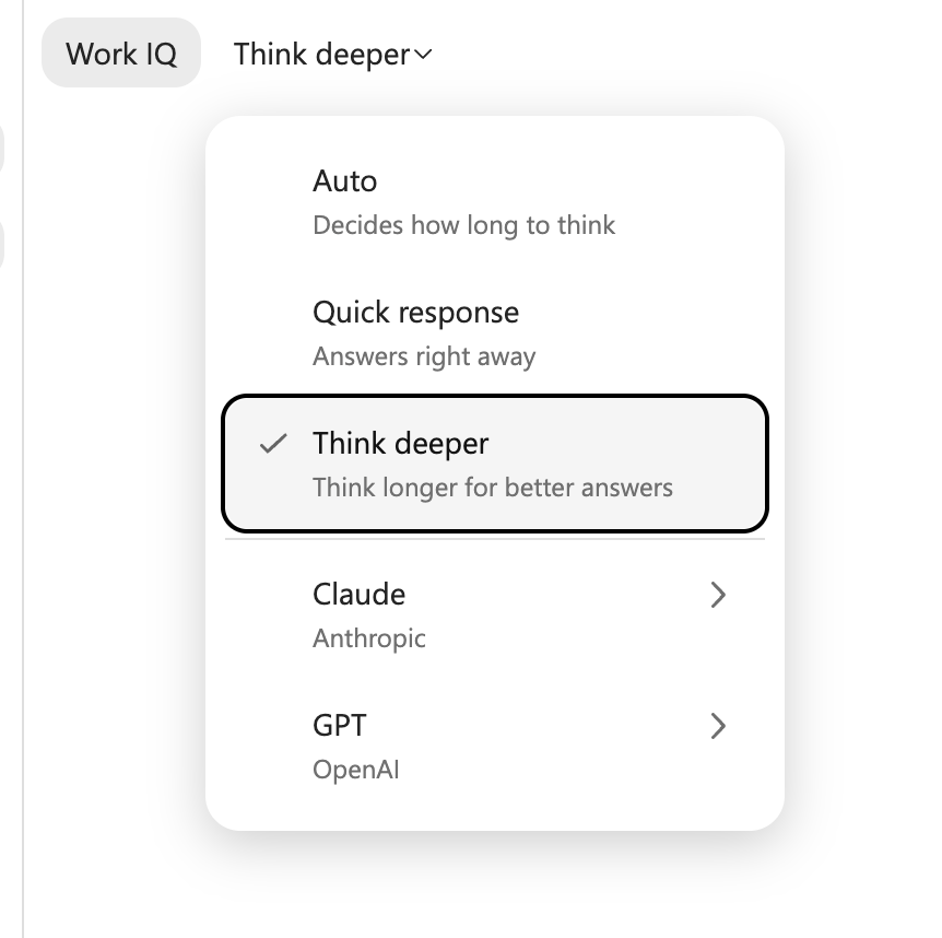 Copilot response-mode menu with Think deeper selected