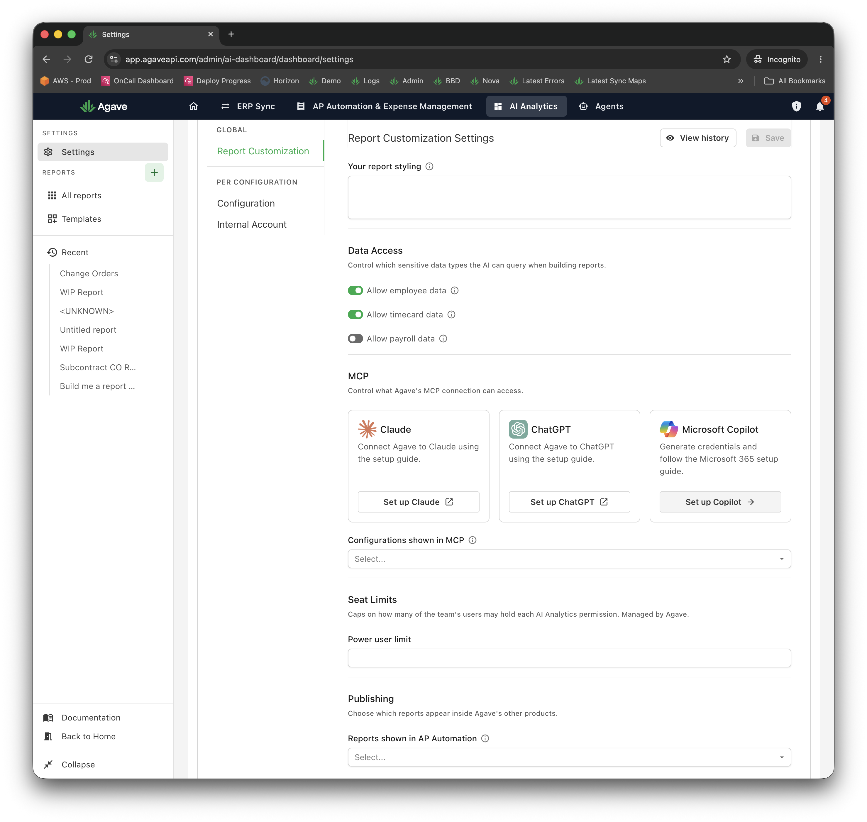 Agave AI Analytics settings with the Microsoft Copilot setup card in the MCP section