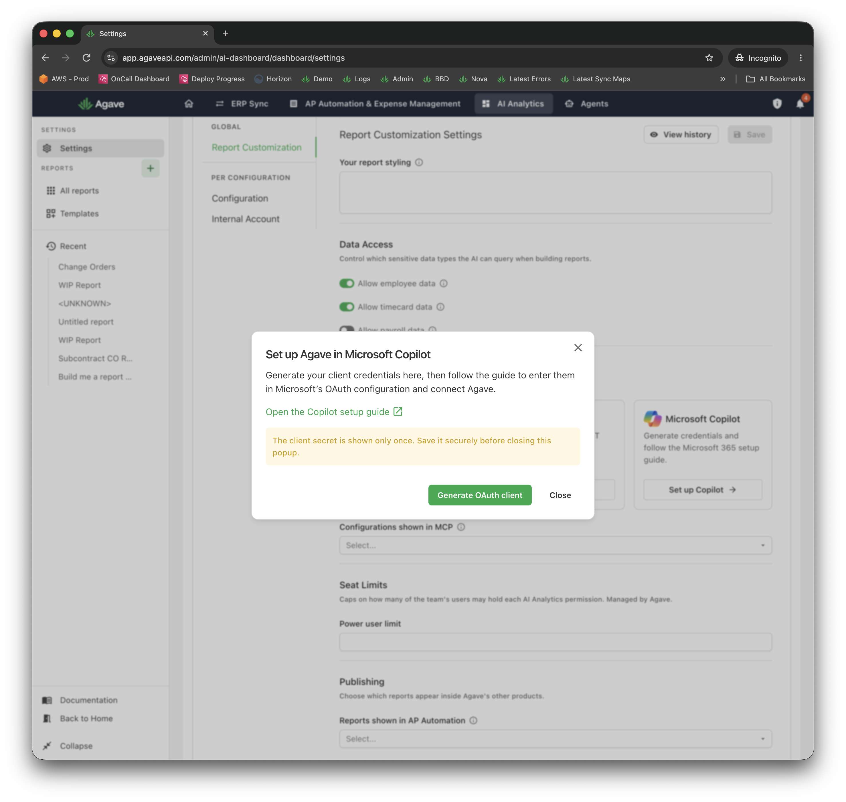 Agave Copilot setup dialog with the Generate OAuth client button