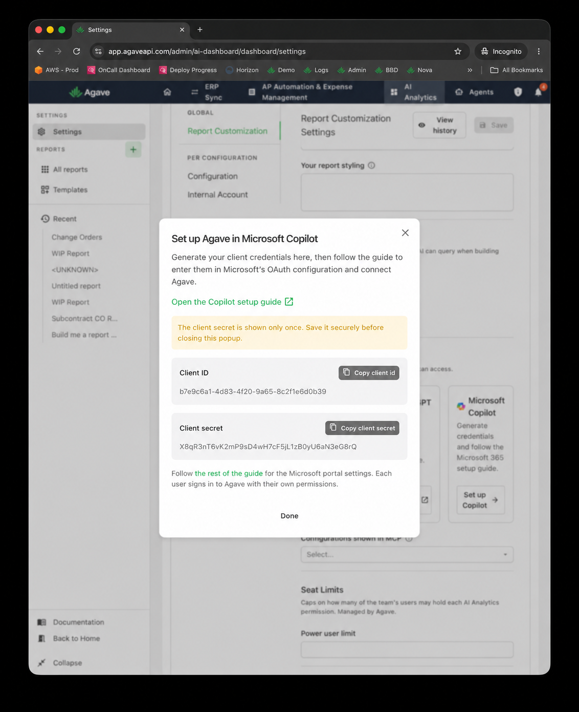 Generated demo client ID and client secret in the Agave setup dialog