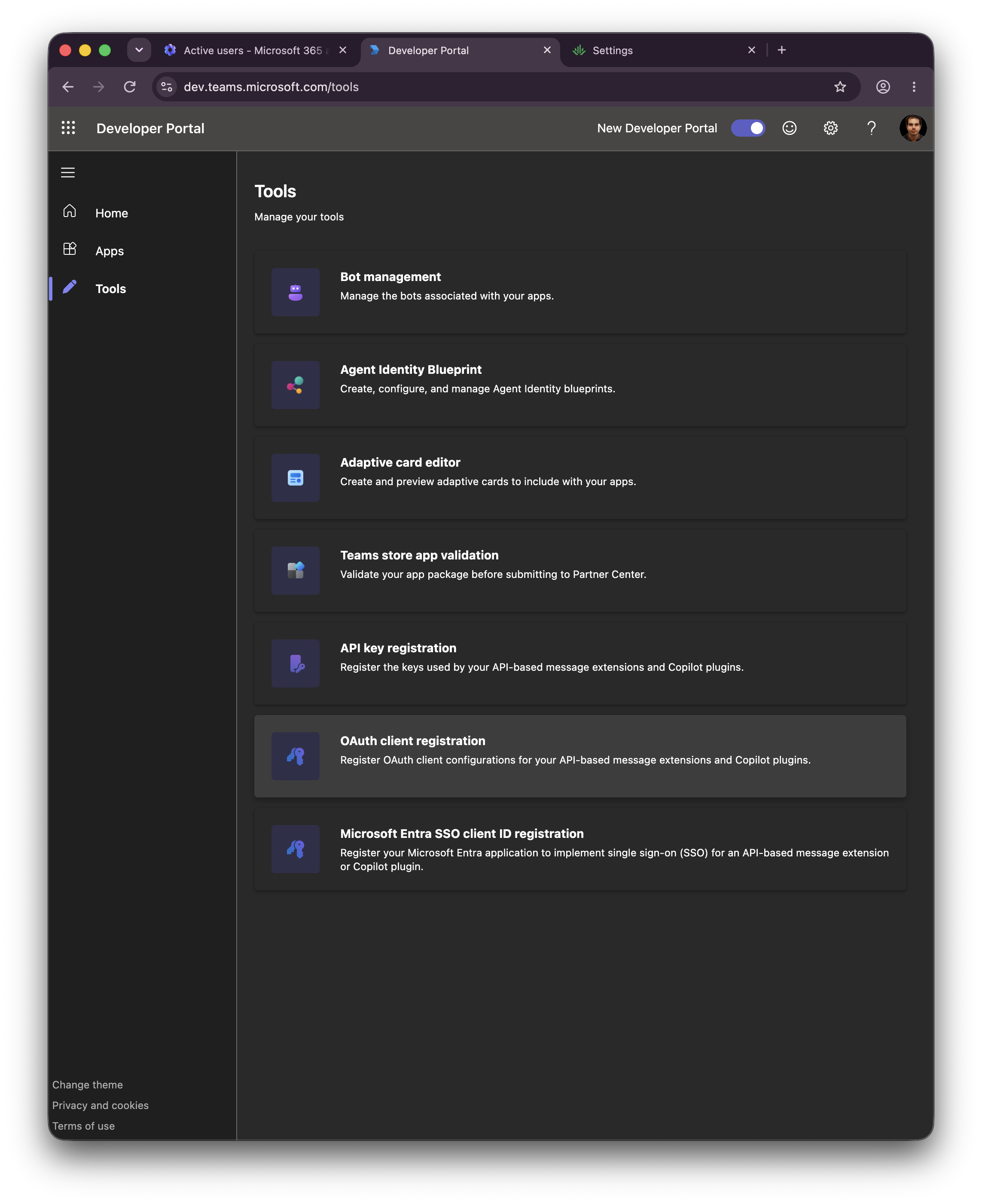 Teams Developer Portal Tools page with OAuth client registration selected