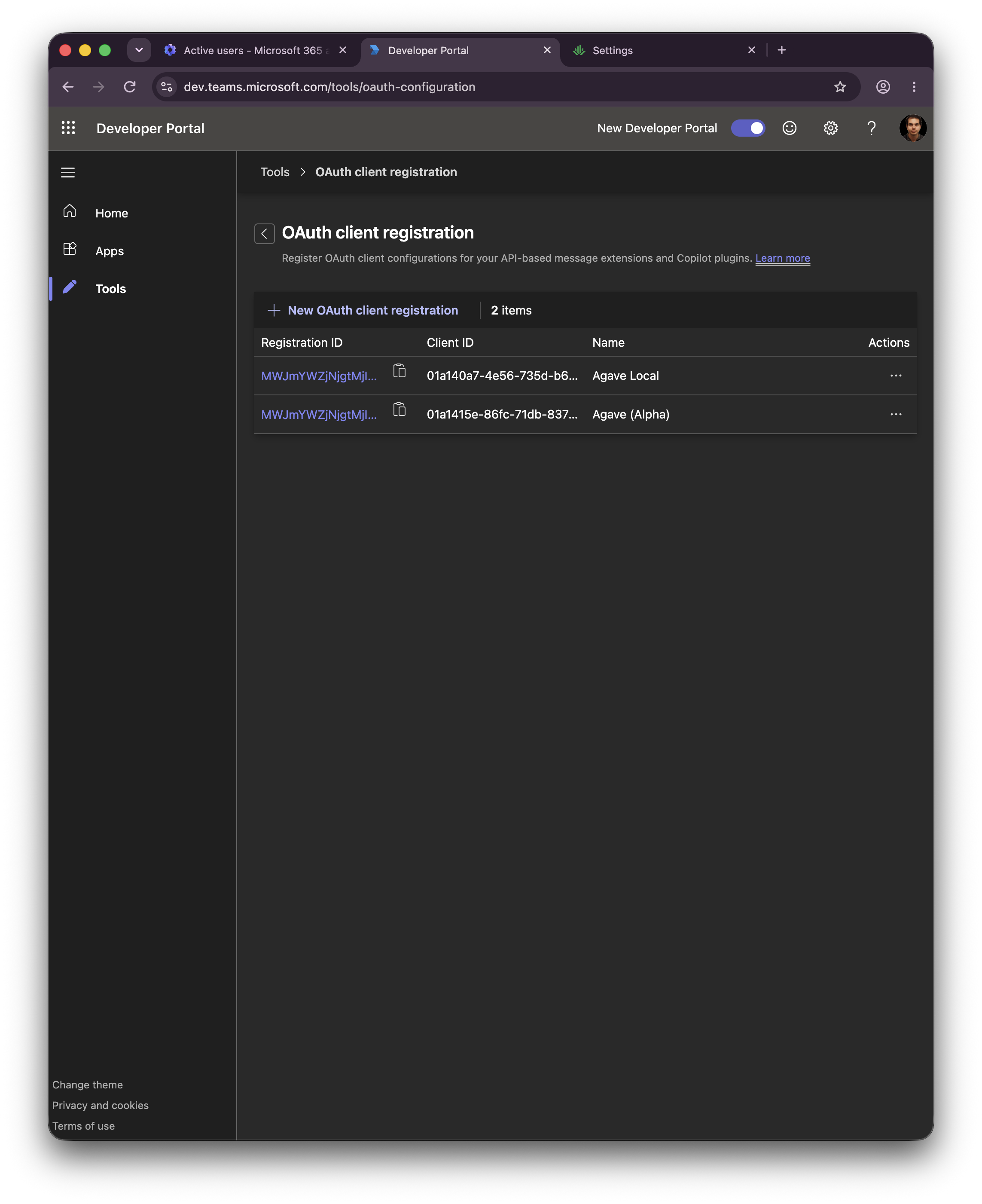 OAuth client registration list with the New OAuth client registration button