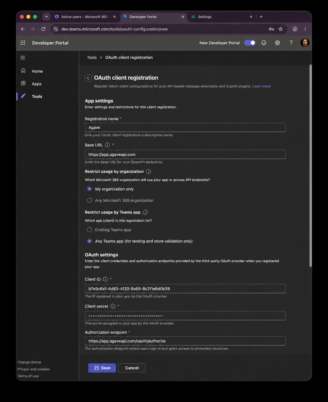 OAuth registration app settings with the Agave base URL, organization restriction, and client credentials