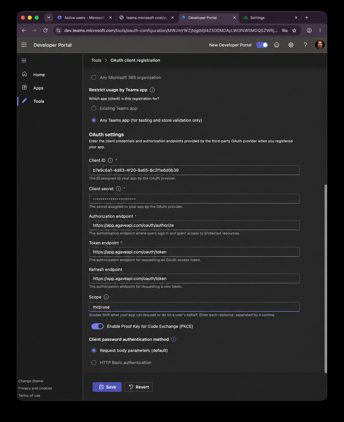 OAuth endpoints, mcp:use scope, enabled PKCE, and request body authentication