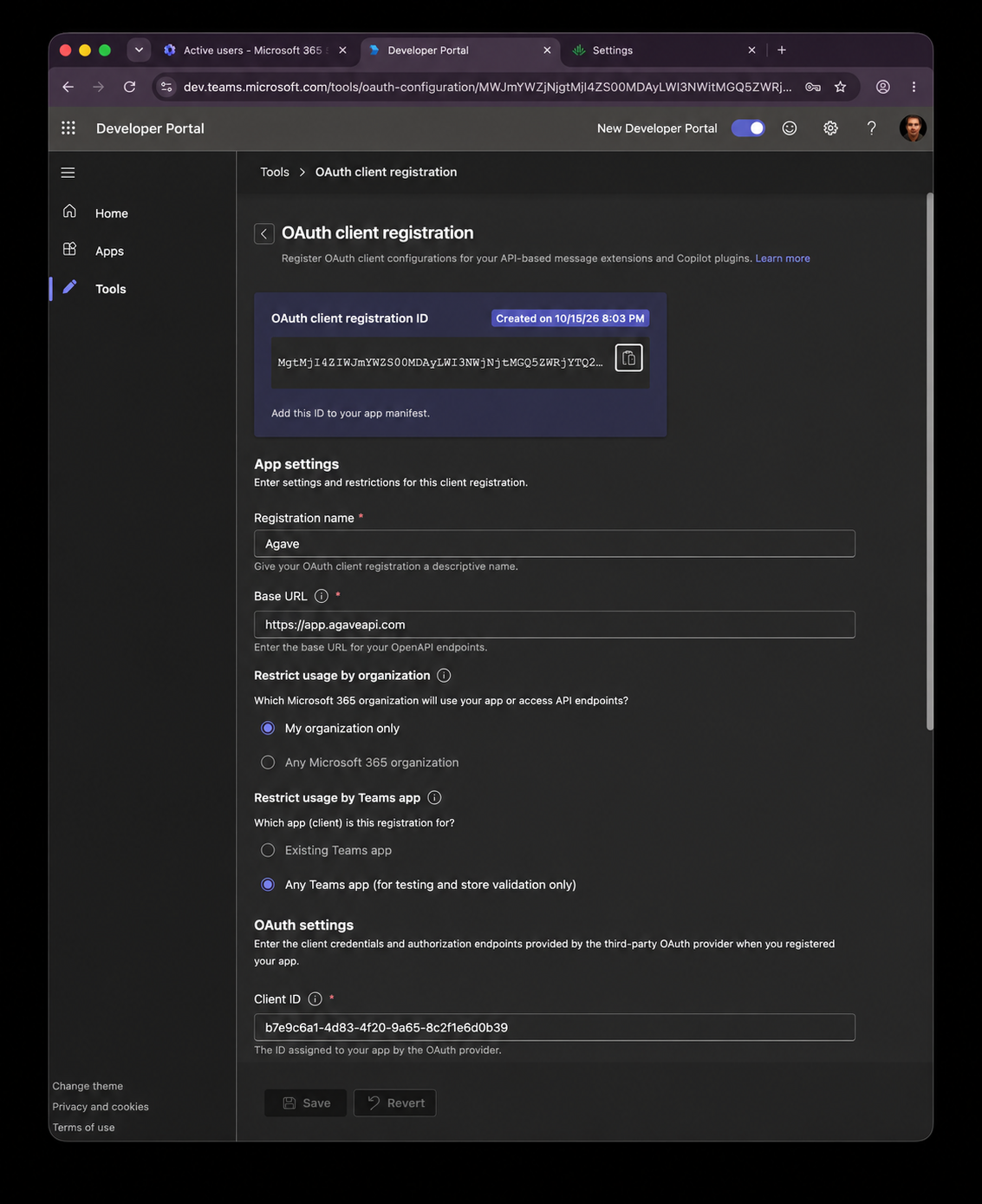 Saved OAuth registration with the Microsoft OAuth client registration ID and copy button
