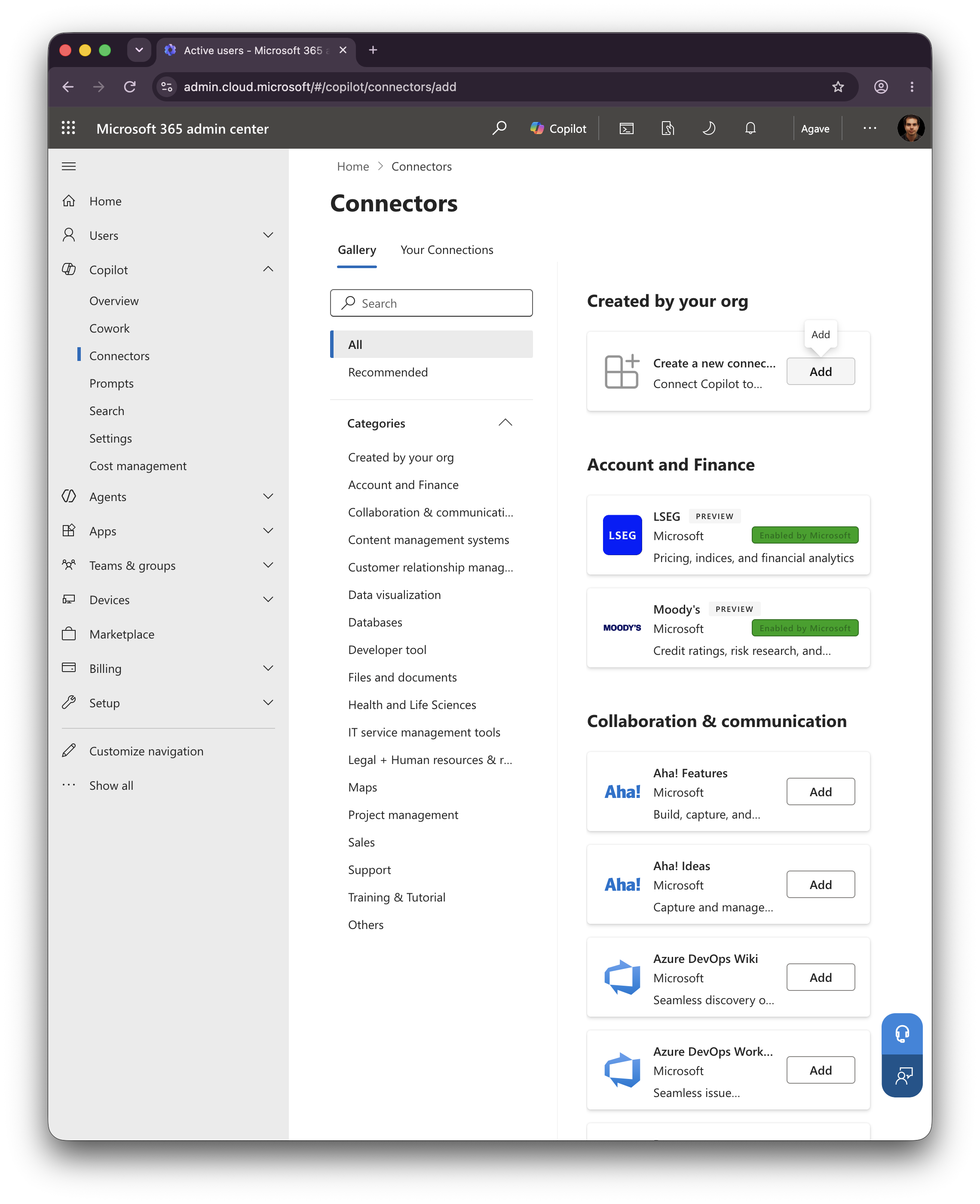 Microsoft 365 admin center connector gallery with Create a new connector