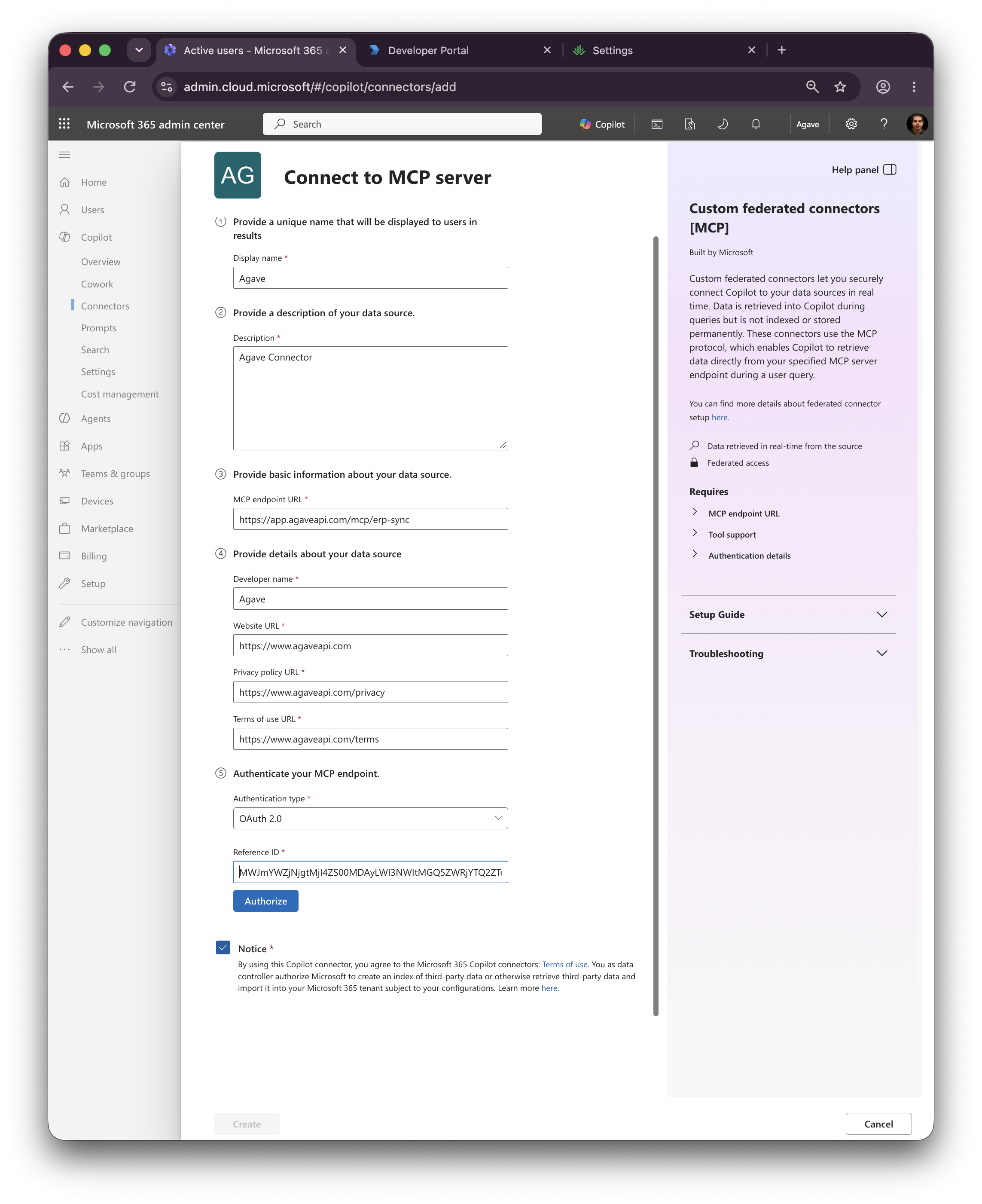 Agave MCP connector form with production endpoint, developer details, OAuth 2.0, and Reference ID