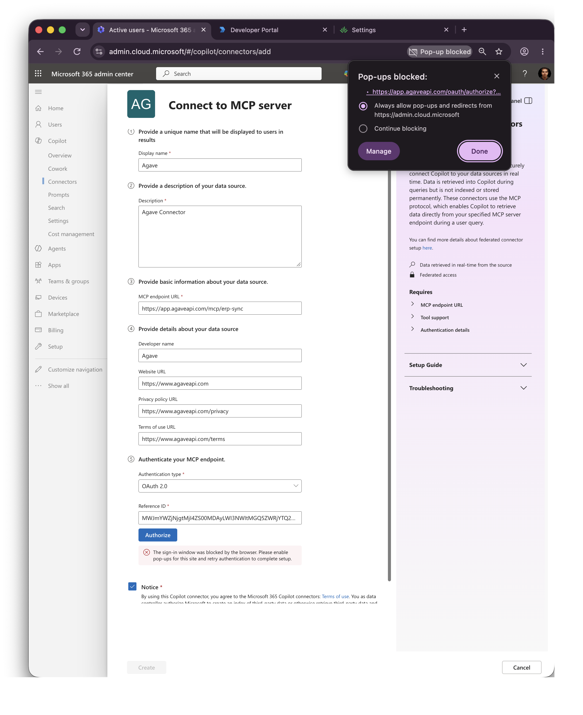 Browser popup blocker preventing Agave authorization and the option to allow popups from the Microsoft admin center