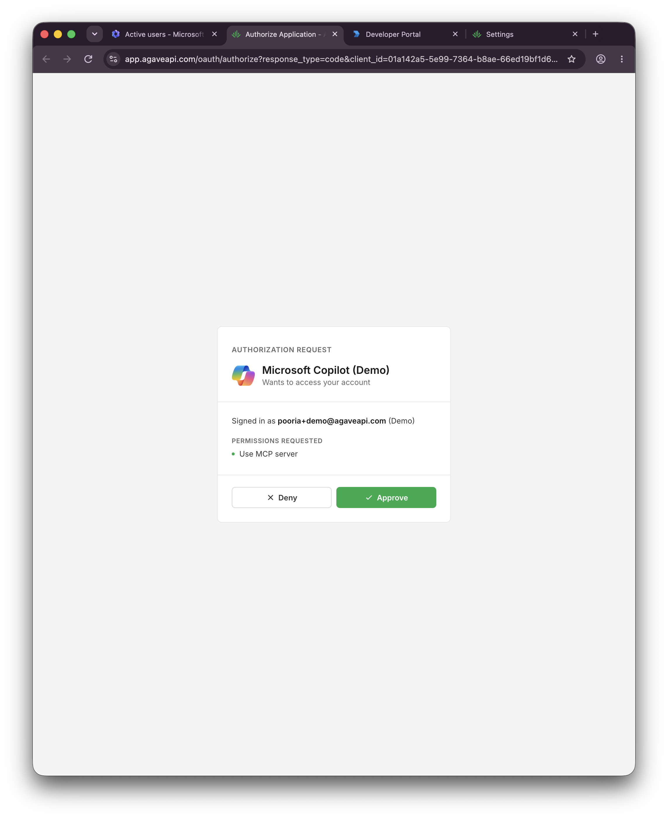 Agave authorization screen for Microsoft Copilot with the signed-in demo user and Approve button