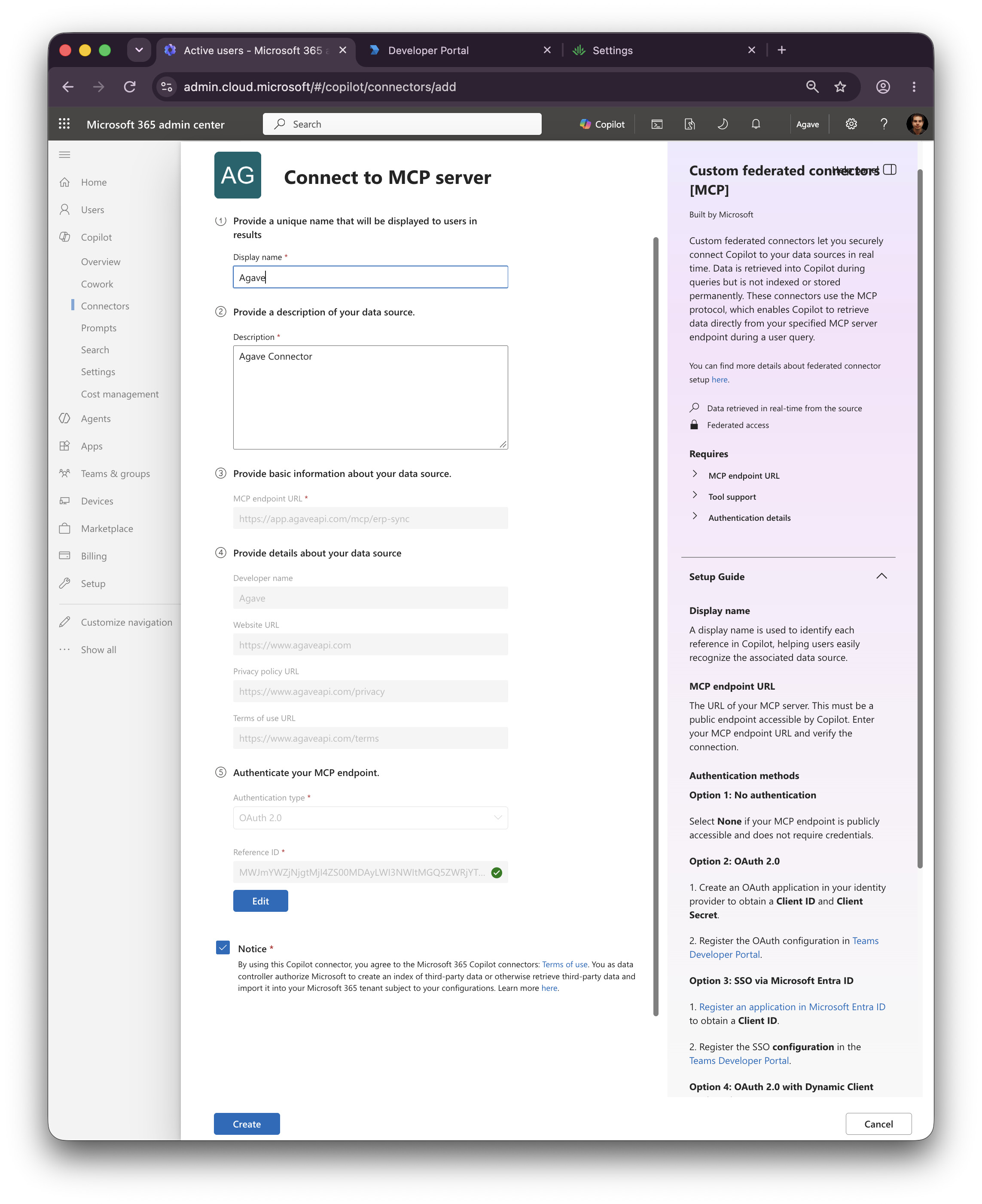 Authorized Agave connector with a green check on Reference ID and an enabled Create button