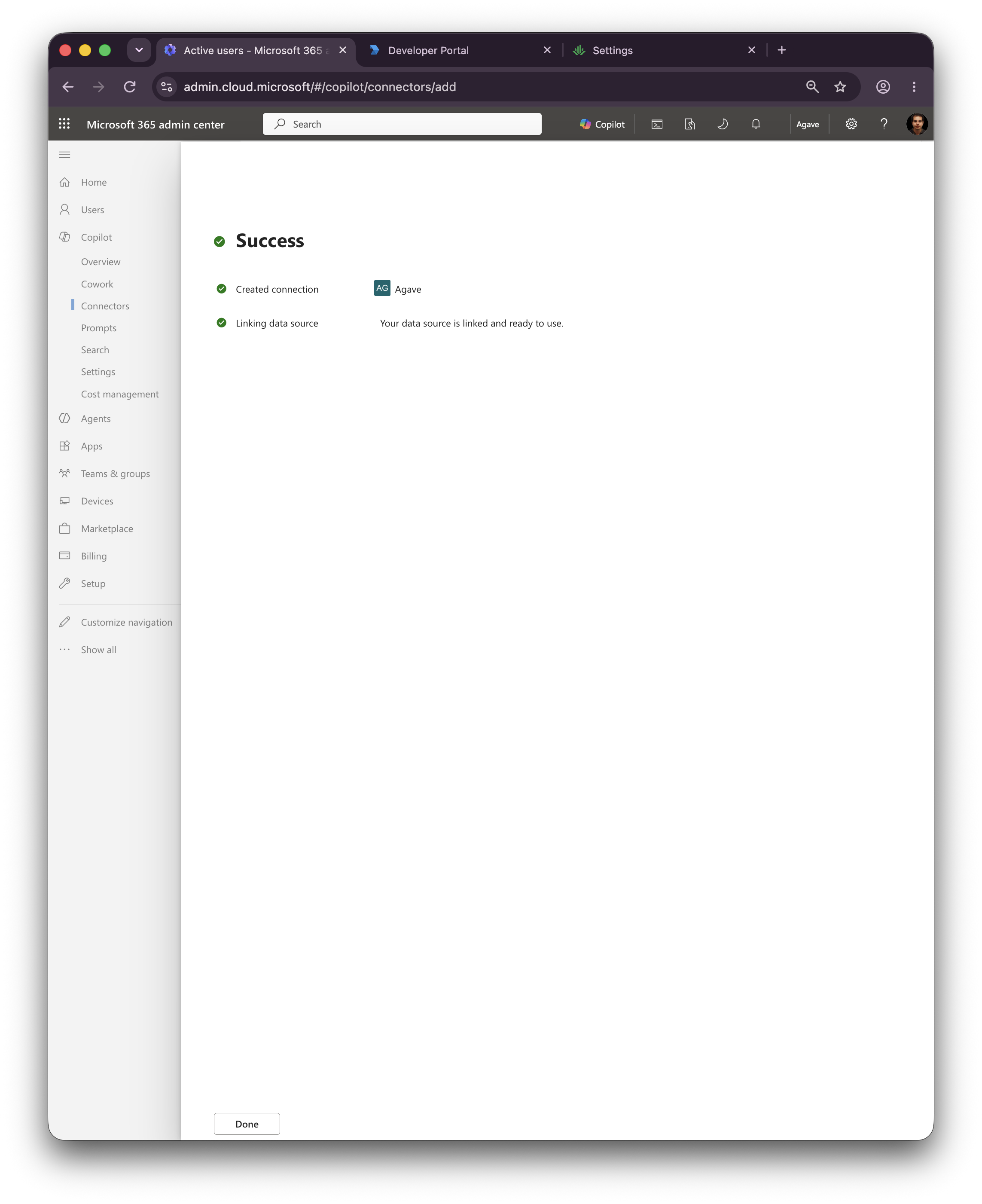 Microsoft admin center Success screen for the Agave connection