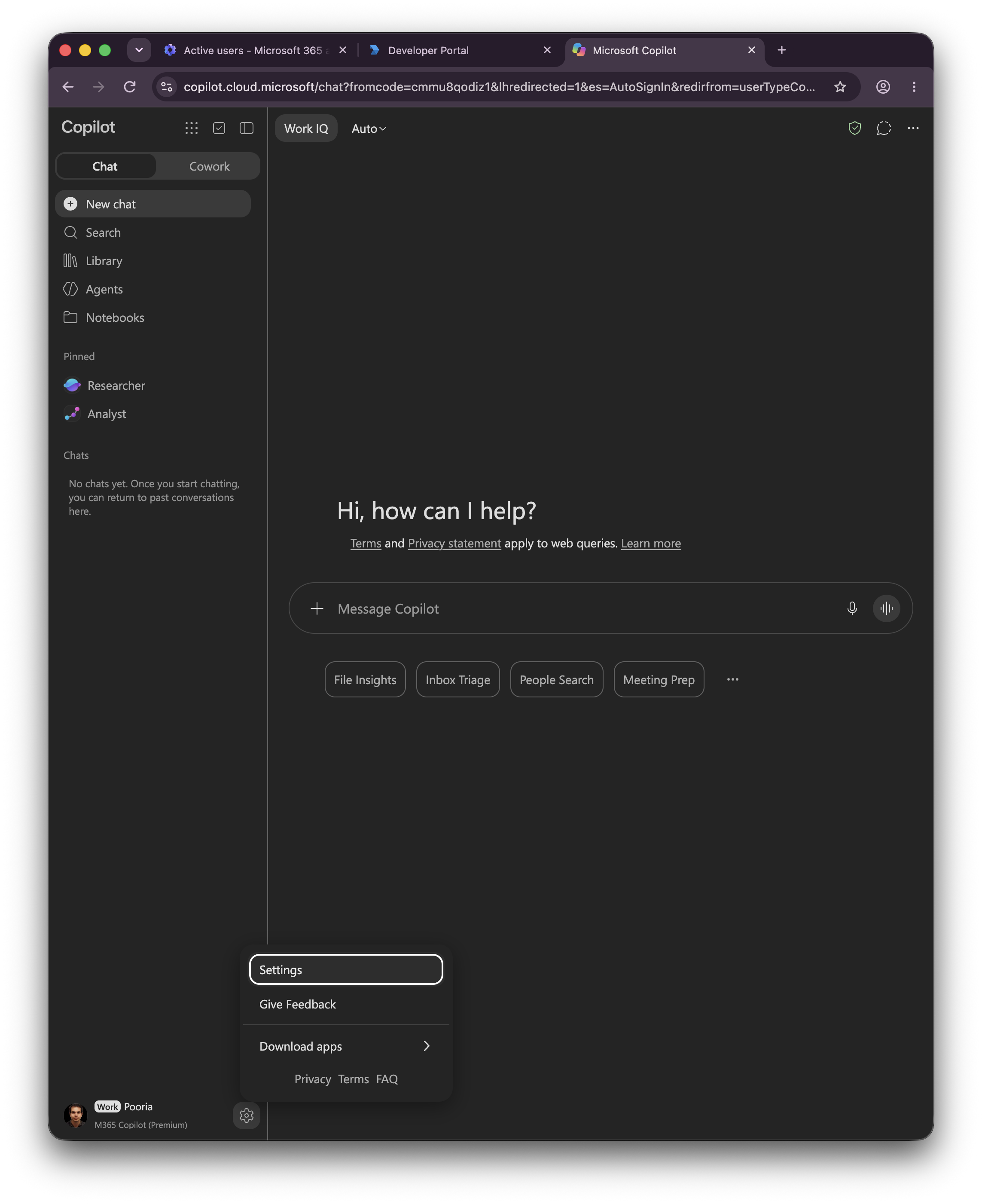 Microsoft 365 Copilot with the profile settings menu open