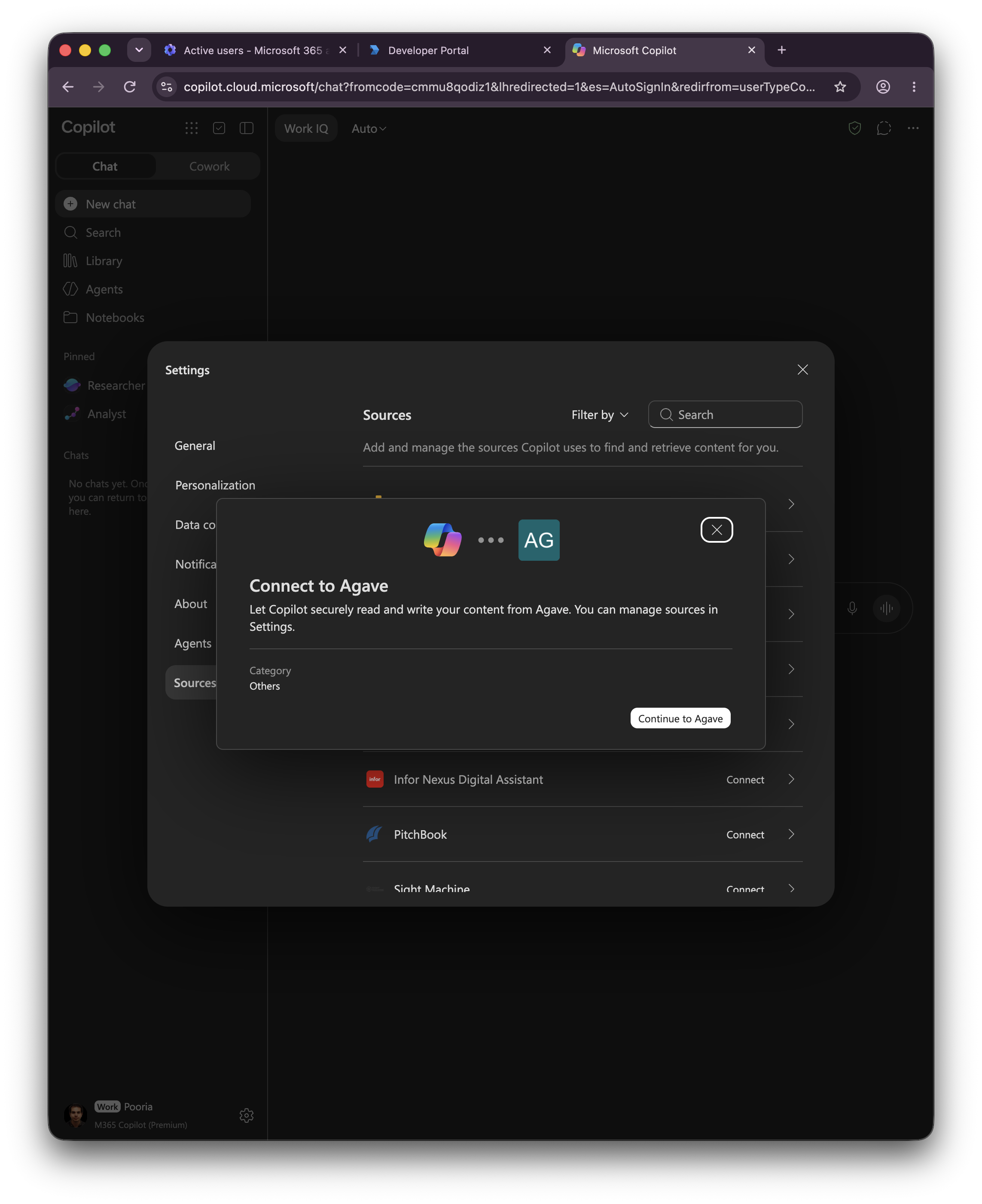 Copilot Connect to Agave dialog with Continue to Agave button