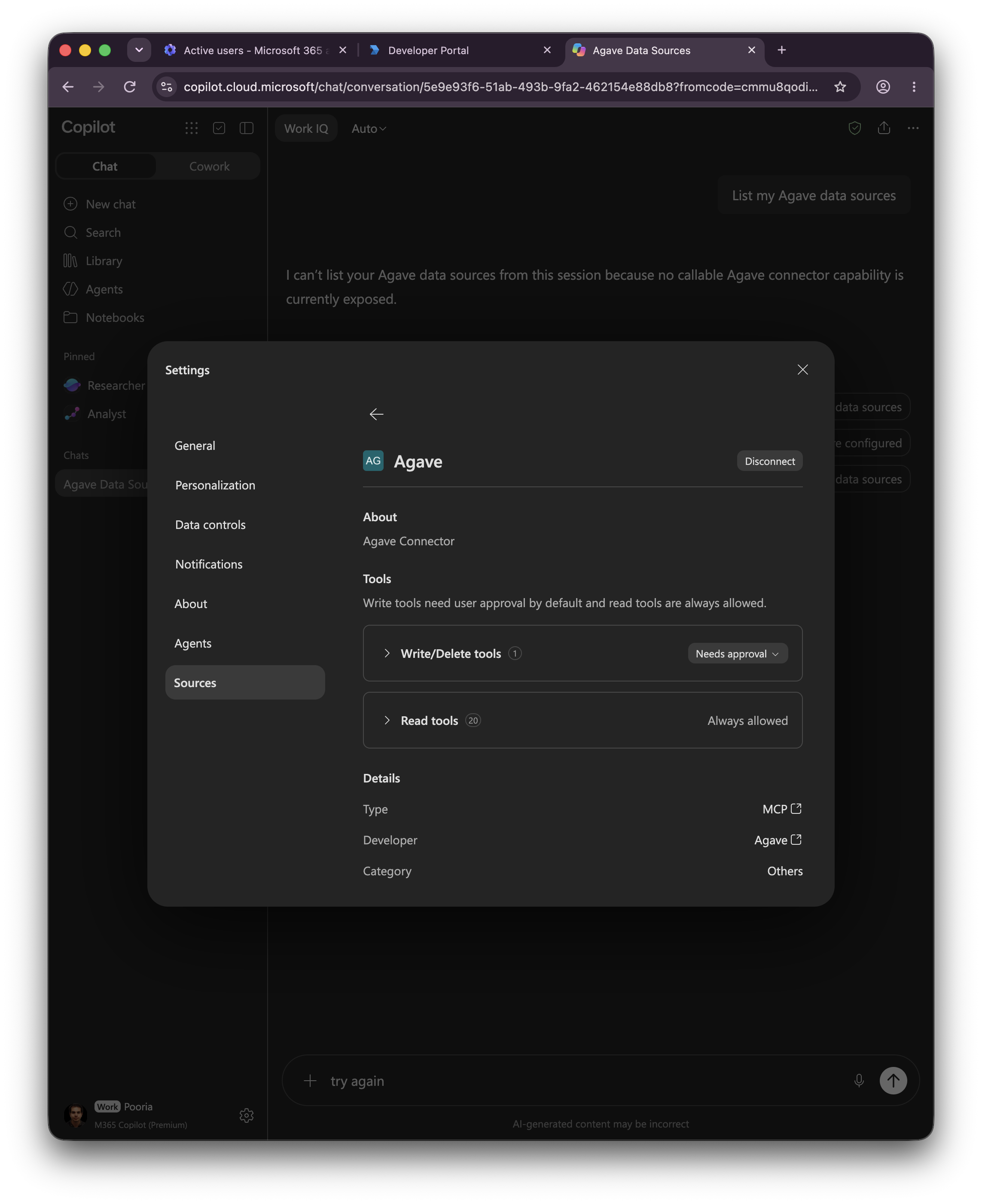 Connected Agave source details in Copilot showing Disconnect and available tools