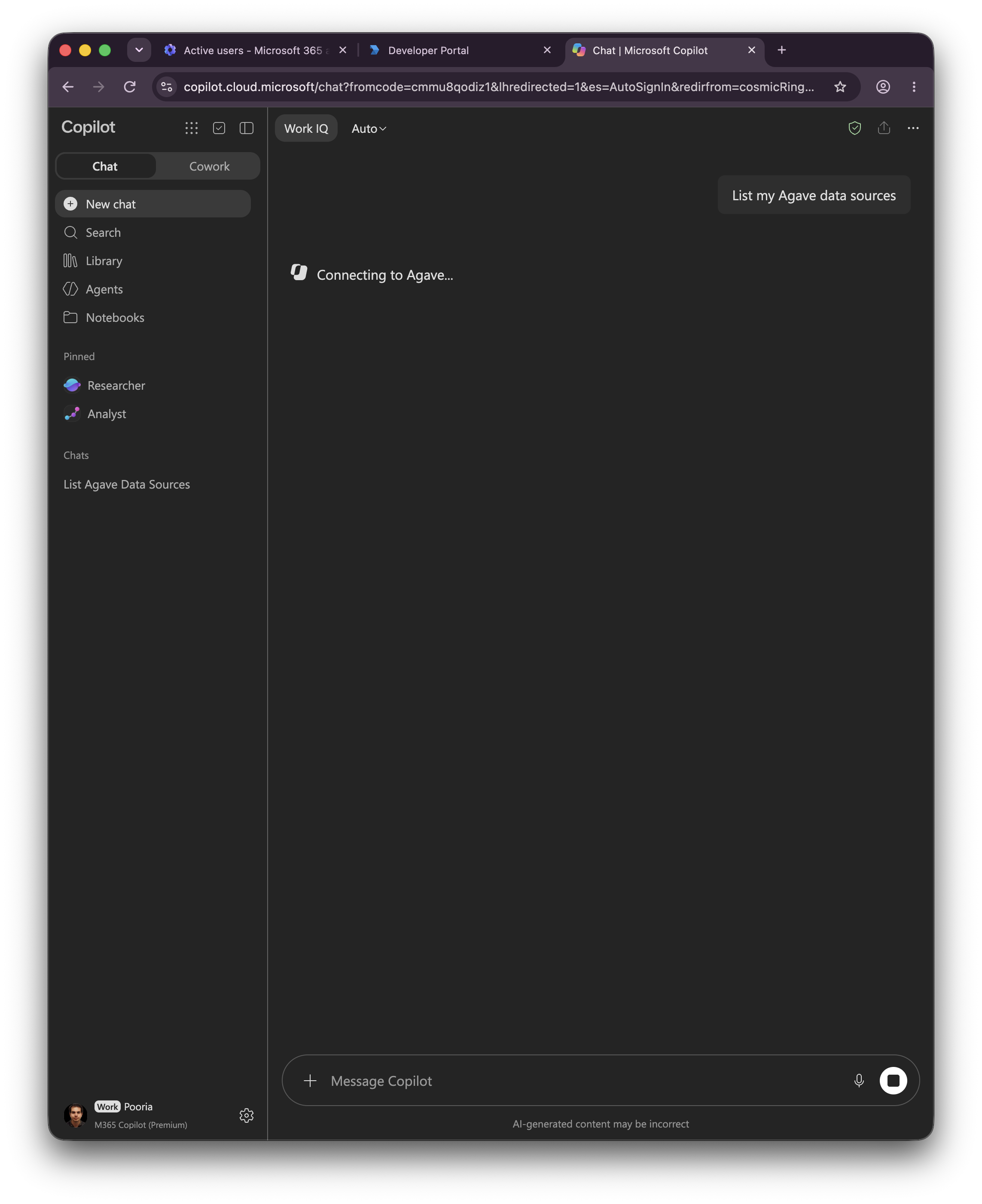 Copilot displaying Connecting to Agave after a request to list data sources