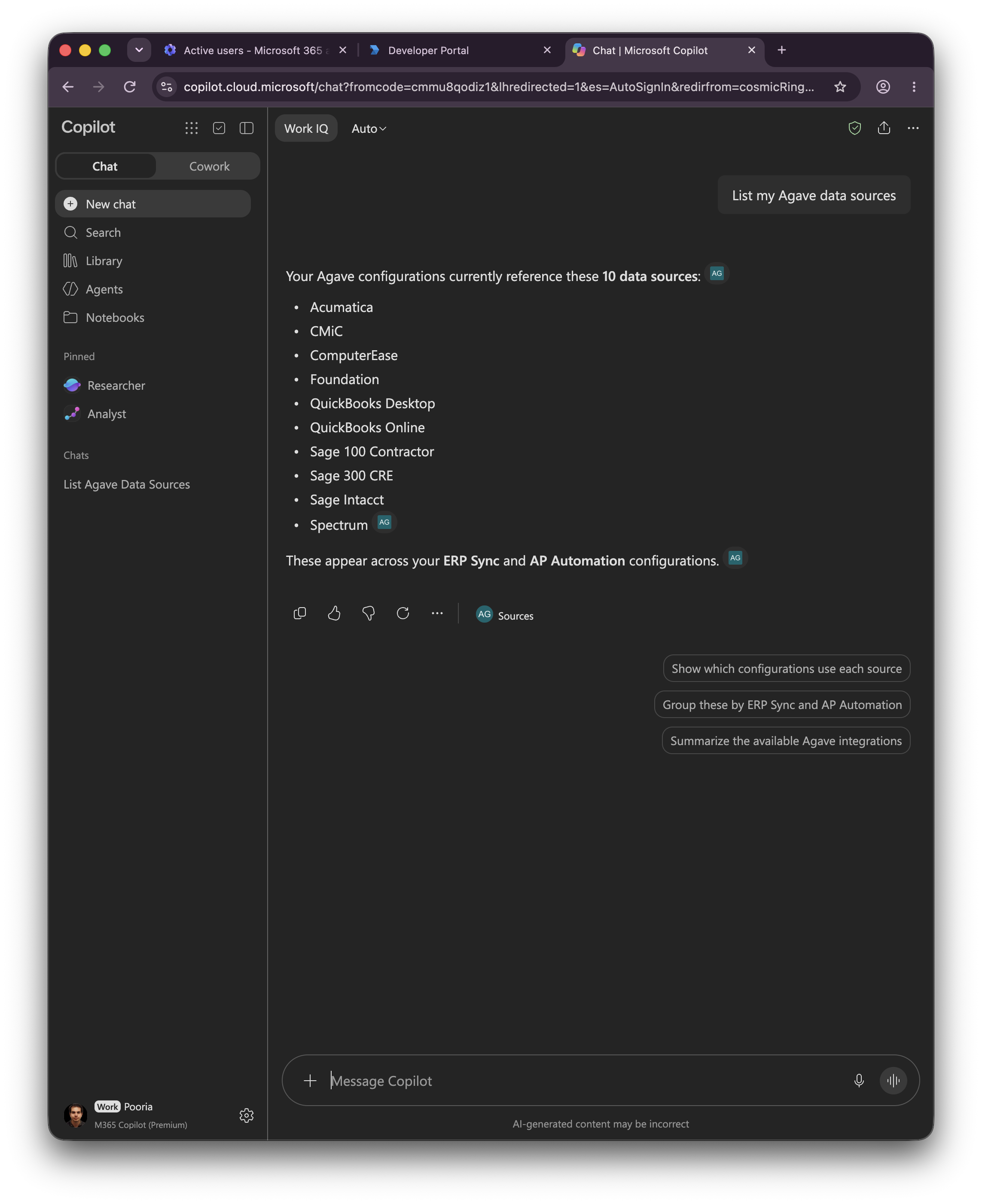 Copilot listing the demo account's data sources with Agave citations